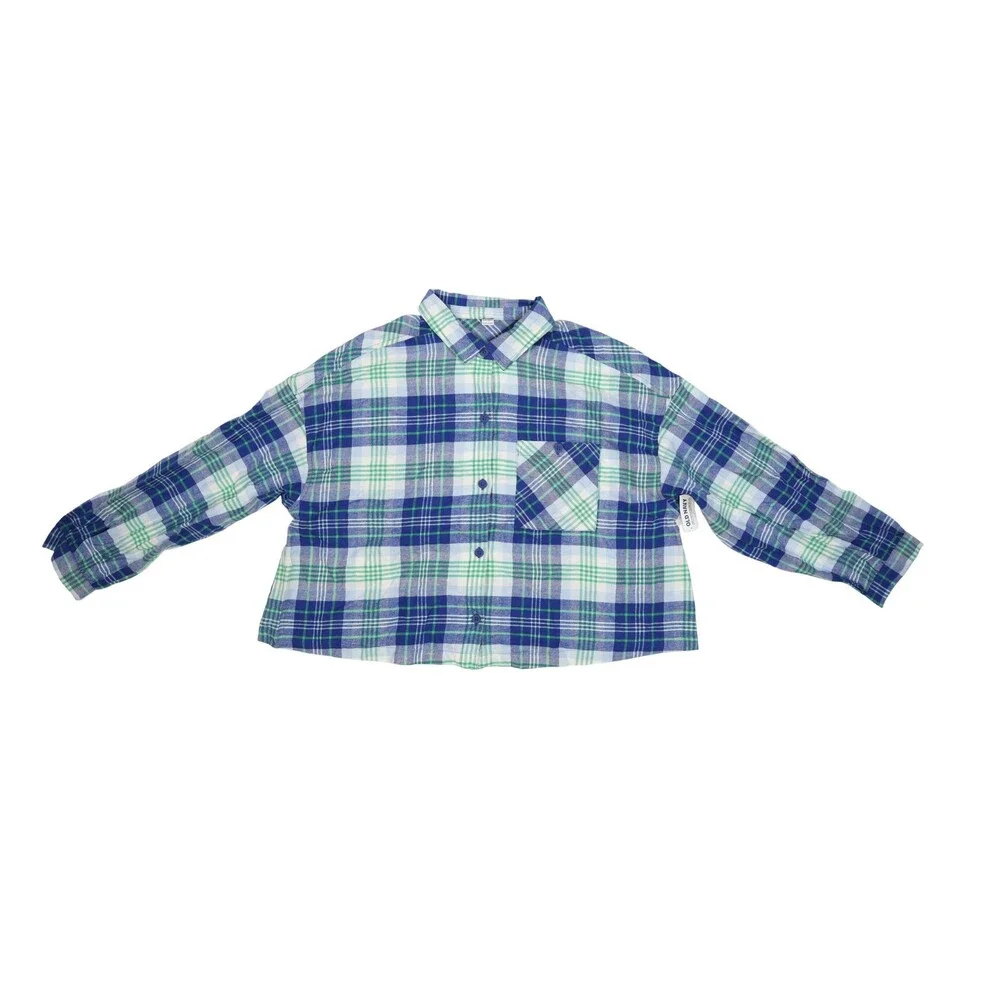 Old Navy Flannel Pajama Shirt Youth XL Blue Green Plaid Lounge Sleep Top